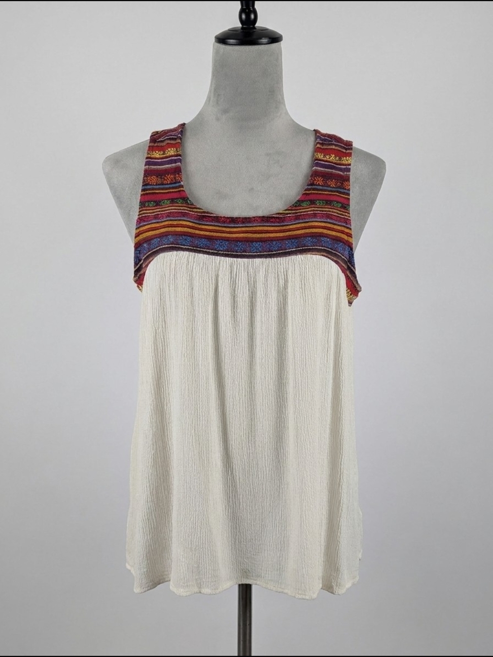 Boho Embroidered Yoke Tank Top‎ - Cream with Multicolor Trim